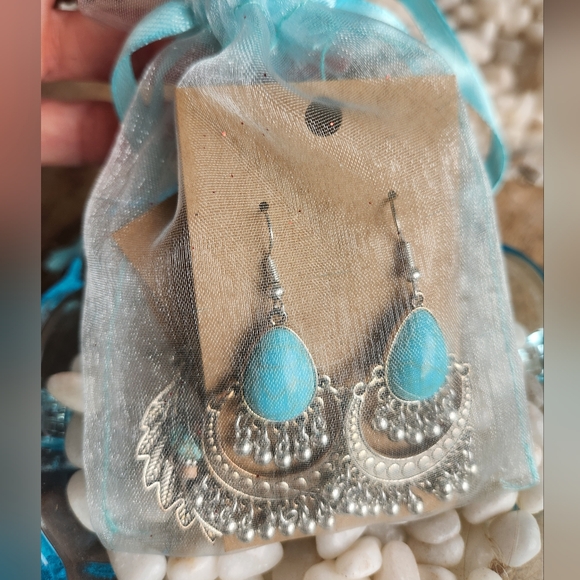 Silver and Turquoise Bohemian Earrings Set Of 3 - Picture 7 of 7